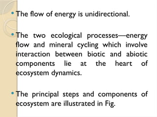  The flow of energy is unidirectional.
 The two ecological processes—energy
flow and mineral cycling which involve
interaction between biotic and abiotic
components lie at the heart of
ecosystem dynamics.
 The principal steps and components of
ecosystem are illustrated in Fig.
 