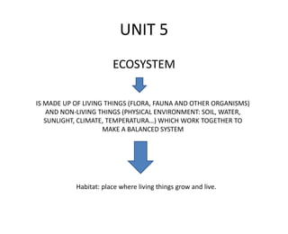 UNIT 5
ECOSYSTEM
IS MADE UP OF LIVING THINGS (FLORA, FAUNA AND OTHER ORGANISMS)
AND NON-LIVING THINGS (PHYSICAL ENVIRONMENT: SOIL, WATER,
SUNLIGHT, CLIMATE, TEMPERATURA…) WHICH WORK TOGETHER TO
MAKE A BALANCED SYSTEM
Habitat: place where living things grow and live.
 