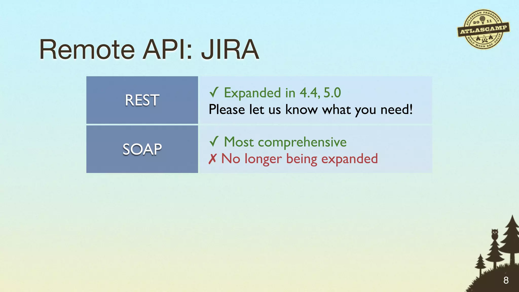 Remote API: JIRA
               ✓ Expanded in 4.4, 5.0
      REST
               Please let us know what you need!

               ✓ Most comprehensive
      SOAP
               ✗ No longer being expanded

               Exposes SOAP API via JSON
    JSON-RPC   ✗ No longer being expanded

               Small number of methods
     XML-RPC   ✗ No longer being expanded
                                                   8
 