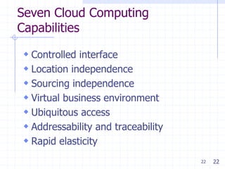 Seven Cloud Computing
Capabilities

 Controlled interface
 Location independence
 Sourcing independence
 Virtual business environment
 Ubiquitous access
 Addressability and traceability
 Rapid elasticity
                                    22   22
 
