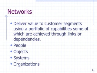 11
Networks
 Deliver value to customer segments
using a portfolio of capabilities some of
which are achieved through links or
dependencies.
 People
 Objects
 Systems
 Organizations
 
