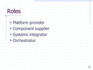 12
Roles
 Platform provider
 Component supplier
 Systems integrator
 Orchestrator
 