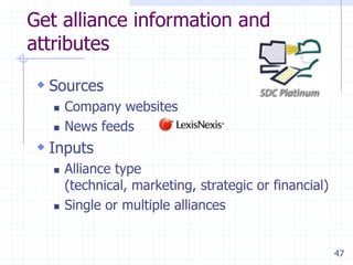 47
Get alliance information and
attributes
 Sources
 Company websites
 News feeds
 Inputs
 Alliance type
(technical, marketing, strategic or financial)
 Single or multiple alliances
 