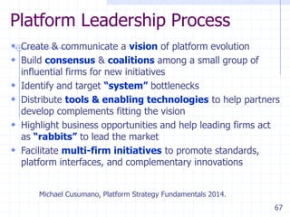 67
Platform Leadership Process
 Create & communicate a vision of platform evolution
 Build consensus & coalitions among a small group of
influential firms for new initiatives
 Identify and target “system” bottlenecks
 Distribute tools & enabling technologies to help partners
develop complements fitting the vision
 Highlight business opportunities and help leading firms act
as “rabbits” to lead the market
 Facilitate multi-firm initiatives to promote standards,
platform interfaces, and complementary innovations
Michael Cusumano, Platform Strategy Fundamentals 2014.
 