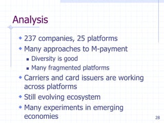 28
Analysis
 237 companies, 25 platforms
 Many approaches to M-payment
 Diversity is good
 Many fragmented platforms
...