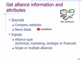 47
Get alliance information and
attributes
 Sources
 Company websites
 News feeds
 Inputs
 Alliance type
(technical, ...