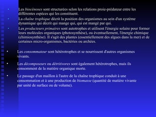 Les  biocénoses  sont structurées selon les relations proie-prédateur entre les différentes espèces qui les constituent.  La  chaîne trophique  décrit la position des organismes au sein d'un système dynamique qui décrit qui mange qui, qui est mangé par qui. Les  producteurs primaires  sont autotrophes et utilisent l'énergie solaire pour former leurs molécules organiques (photosynthèse), ou éventuellement, l'énergie chimique (chimiosynthèse). Il s'agit des plantes (essentiellement des algues dans la mer) et de certaines micro-organismes, bactéries ou archées. Les  consommateur  sont hétérotrophes et se nourrissent d'autres organismes vivants. Les  décomposeurs  ou  détritivores  sont également hétérotrophes, mais ils consomment de la matière organique morte. Le passage d'un maillon à l'autre de la chaîne trophique conduit à une consommation et à une production de  biomasse  (quantité de matière vivante par unité de surface ou de volume). 