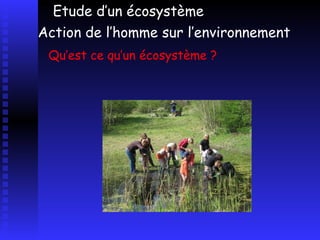 Qu’est ce qu’un écosystème ? Etude d’un écosystème  Action de l’homme sur l’environnement 