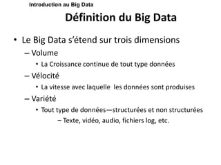 Définition du Big Data
• Le Big Data s’étend sur trois dimensions
– Volume
• La Croissance continue de tout type données
– Vélocité
• La vitesse avec laquelle les données sont produises
– Variété
• Tout type de données―structurées et non structurées
– Texte, vidéo, audio, fichiers log, etc.
Introduction au Big Data
 