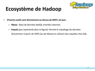 Ecosystème de Hadoop
• D’autres outils sont directement au dessus de HDFS, tel que :
– Hbase : Base de données NoSQL orientée colonnes
– Impala (pas représenté dans la figure): Permet le requêtage de données
directement à partir de HDFS (ou de Hbase) en utilisant des requêtes Hive SQL
119
 