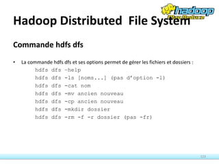 Hadoop Distributed File System
Commande hdfs dfs
• La commande hdfs dfs et ses options permet de gérer les fichiers et dossiers :
hdfs dfs –help
hdfs dfs -ls [noms...] (pas d’option -l)
hdfs dfs -cat nom
hdfs dfs -mv ancien nouveau
hdfs dfs -cp ancien nouveau
hdfs dfs -mkdir dossier
hdfs dfs -rm -f -r dossier (pas -fr)
123
 
