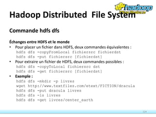 Hadoop Distributed File System
Commande hdfs dfs
Échanges entre HDFS et le monde
• Pour placer un fichier dans HDFS, deux commandes équivalentes :
hdfs dfs -copyFromLocal fichiersrc fichierdst
hdfs dfs -put fichiersrc [fichierdst]
• Pour extraire un fichier de HDFS, deux commandes possibles :
hdfs dfs -copyToLocal fichiersrc dst
hdfs dfs -get fichiersrc [fichierdst]
• Exemple :
hdfs dfs -mkdir -p livres
wget http://www.textfiles.com/etext/FICTION/dracula
hdfs dfs -put dracula livres
hdfs dfs -ls livres
hdfs dfs -get livres/center_earth
124
 