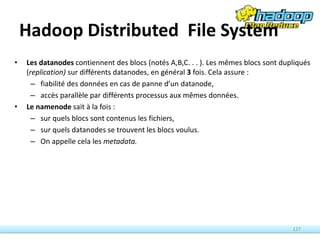 Hadoop Distributed File System
• Les datanodes contiennent des blocs (notés A,B,C. . . ). Les mêmes blocs sont dupliqués
(replication) sur différents datanodes, en général 3 fois. Cela assure :
– fiabilité des données en cas de panne d’un datanode,
– accès parallèle par différents processus aux mêmes données.
• Le namenode sait à la fois :
– sur quels blocs sont contenus les fichiers,
– sur quels datanodes se trouvent les blocs voulus.
– On appelle cela les metadata.
127
 
