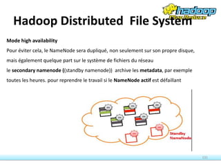 Hadoop Distributed File System
131
Mode high availability
Pour éviter cela, le NameNode sera dupliqué, non seulement sur son propre disque,
mais également quelque part sur le système de fichiers du réseau
le secondary namenode ((standby namenode)) archive les metadata, par exemple
toutes les heures. pour reprendre le travail si le NameNode actif est défaillant
 