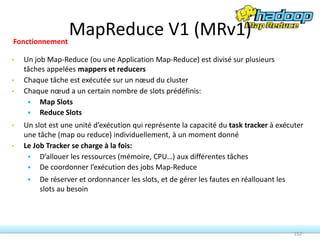 152
• Un job Map-Reduce (ou une Application Map-Reduce) est divisé sur plusieurs
tâches appelées mappers et reducers
• Chaque tâche est exécutée sur un nœud du cluster
• Chaque nœud a un certain nombre de slots prédéfinis:
 Map Slots
 Reduce Slots
• Un slot est une unité d’exécution qui représente la capacité du task tracker à exécuter
une tâche (map ou reduce) individuellement, à un moment donné
• Le Job Tracker se charge à la fois:
 D’allouer les ressources (mémoire, CPU…) aux différentes tâches
 De coordonner l’exécution des jobs Map-Reduce
 De réserver et ordonnancer les slots, et de gérer les fautes en réallouant les
slots au besoin
Fonctionnement
MapReduce V1 (MRv1)
 