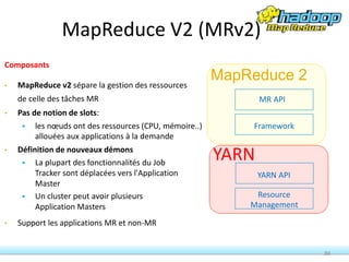 MapReduce V2 (MRv2)
Composants
• MapReduce v2 sépare la gestion des ressources
de celle des tâches MR
• Pas de notion de slots:
 les nœuds ont des ressources (CPU, mémoire..)
allouées aux applications à la demande
• Définition de nouveaux démons
 La plupart des fonctionnalités du Job
Tracker sont déplacées vers l'Application
Master
 Un cluster peut avoir plusieurs
Application Masters
• Support les applications MR et non-MR
MapReduce 2
MR API
Framework
YARN
Resource
Management
YARN API
154
 