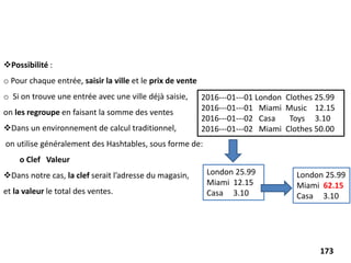 Possibilité :
o Pour chaque entrée, saisir la ville et le prix de vente
o Si on trouve une entrée avec une ville déjà saisie,
on les regroupe en faisant la somme des ventes
Dans un environnement de calcul traditionnel,
on utilise généralement des Hashtables, sous forme de:
o Clef Valeur
Dans notre cas, la clef serait l’adresse du magasin,
et la valeur le total des ventes.
2016--‐01--‐01 London Clothes 25.99
2016--‐01--‐01 Miami Music 12.15
2016--‐01--‐02 Casa Toys 3.10
2016--‐01--‐02 Miami Clothes 50.00
London 25.99
Miami 12.15
Casa 3.10
London 25.99
Miami 62.15
Casa 3.10
173
 