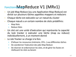 MapReduce V1 (MRv1)
187
Fonctionnement
• Un job Map-Reduce (ou une Application Map-Reduce) est
divisé sur plusieurs tâches appelées mappers et reducers
• Chaque tâche est exécutée sur un nœud du cluster
• Chaque nœud a un certain nombre de slots prédéfinis:
 Map Slots
 Reduce Slots
• Un slot est une unité d’exécution qui représente la capacité
du task tracker à exécuter une tâche (map ou reduce)
individuellement, à un moment donné
• Le Job Tracker se charge à la fois:
 D’allouer les ressources (mémoire, CPU…) aux différentes tâches
 De coordonner l’exécution des jobs Map-Reduce
 De réserver et ordonnancer les slots, et de gérer les fautes en
réallouant les slots au besoin
 