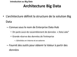 Architecture Big Data
• L’architecture définit la structure de la solution Big
Data
– Connue sous le nom de Enterprise Data Hub
• On parle aussi de rassemblement de données « Data Lake”
• Grande réserve des données de l’entreprise
– Générées en interne et en externe
– Fournit des outils pour obtenir la Valeur à partir des
données
Introduction au Big Data
 