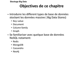 Objectives de ce chapitre
– Introduire les different types de base de données
stockant les données massive ( Big Data Stores)
• Key–value
• Document
• Column family
• Graph
– Se familiariser avec quelque base de données
NoSQL notament:
• Redis
• MongoDB
• Cassandra
• Neo4j
Stockage Big Data
 