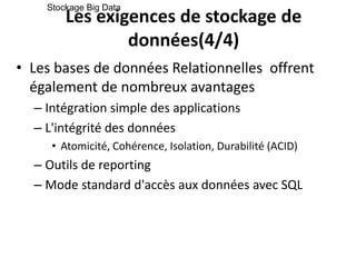 Les exigences de stockage de
données(4/4)
• Les bases de données Relationnelles offrent
également de nombreux avantages
– Intégration simple des applications
– L'intégrité des données
• Atomicité, Cohérence, Isolation, Durabilité (ACID)
– Outils de reporting
– Mode standard d'accès aux données avec SQL
Stockage Big Data
 