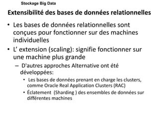 Extensibilité des bases de données relationnelles
• Les bases de données relationnelles sont
conçues pour fonctionner sur des machines
individuelles
• L’ extension (scaling): signifie fonctionner sur
une machine plus grande
– D'autres approches Alternative ont été
développées:
• Les bases de données prenant en charge les clusters,
comme Oracle Real Application Clusters (RAC)
• Éclatement (Sharding ) des ensembles de données sur
différentes machines
Stockage Big Data
 