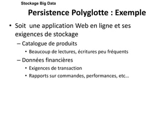 Persistence Polyglotte : Exemple
• Soit une application Web en ligne et ses
exigences de stockage
– Catalogue de produits
• Beaucoup de lectures, écritures peu fréquents
– Données financières
• Exigences de transaction
• Rapports sur commandes, performances, etc…
Stockage Big Data
 