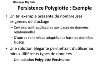 Persistence Polyglotte : Exemple
• Un tel exemple présente de nombreuses
exigences de stockage
– Certains sont applicables aux bases de données
relationnelles
– D'autres sont mieux adaptés aux base de données
NoSQL
• Une solution élégante permettrait d'utiliser au
mieux différents types de données
– Une solution Polyglotte Persistance
Stockage Big Data
 