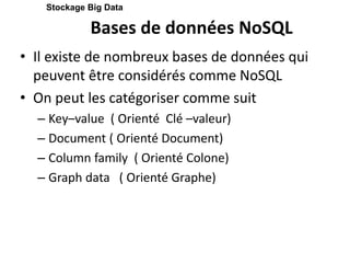 Bases de données NoSQL
• Il existe de nombreux bases de données qui
peuvent être considérés comme NoSQL
• On peut les catégoriser comme suit
– Key–value ( Orienté Clé –valeur)
– Document ( Orienté Document)
– Column family ( Orienté Colone)
– Graph data ( Orienté Graphe)
Stockage Big Data
 