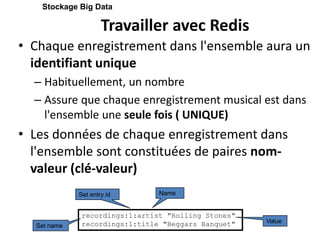 Travailler avec Redis
• Chaque enregistrement dans l'ensemble aura un
identifiant unique
– Habituellement, un nombre
– Assure que chaque enregistrement musical est dans
l'ensemble une seule fois ( UNIQUE)
• Les données de chaque enregistrement dans
l'ensemble sont constituées de paires nom-
valeur (clé-valeur)
Stockage Big Data
recordings:1:artist "Rolling Stones"
recordings:1:title "Beggars Banquet" Value
Set name
Set entry id Name
 