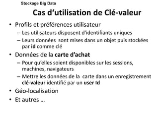 Cas d‘utilisation de Clé-valeur
• Profils et préférences utilisateur
– Les utilisateurs disposent d'identifiants uniques
– Leurs données sont mises dans un objet puis stockées
par id comme clé
• Données de la carte d’achat
– Pour qu’elles soient disponibles sur les sessions,
machines, navigateurs
– Mettre les données de la carte dans un enregistrement
clé-valeur identifié par un user Id
• Géo-localisation
• Et autres …
Stockage Big Data
 