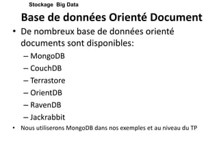 Base de données Orienté Document
• De nombreux base de données orienté
documents sont disponibles:
– MongoDB
– CouchDB
– Terrastore
– OrientDB
– RavenDB
– Jackrabbit
• Nous utiliserons MongoDB dans nos exemples et au niveau du TP
Stockage Big Data
 