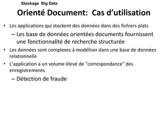 Orienté Document: Cas d’utilisation
• Les applications qui stockent des données dans des fichiers plats
– Les base de données orientées documents fournissent
une fonctionnalité de recherche structurée
• Les données sont complexes à modéliser dans une base de données
relationnelle
• L'application a un volume élevé de "correspondance" des
enregistrements
– Détection de fraude
Stockage Big Data
 