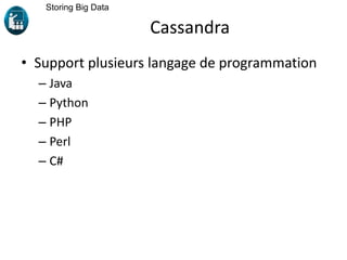Cassandra
• Support plusieurs langage de programmation
– Java
– Python
– PHP
– Perl
– C#
Storing Big Data
 