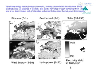 Renewable energy resource maps for EUMENA, showing the minimum and maximum annual
electricity yield (as specified in brackets) that can be harvested by each technology from 1 km² of
land area. Solar includes both photovoltaic and concentrating solar thermal power technologies ‫ال مدرسة‬
                                                                                              ‫الوطنية‬
                                                                                            ‫لل مهن د سين بقابس‬




                                                                             8
 