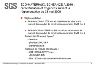ÉCO-MATÉRIAUX, ÉCHÉANCE A 2010 :
caractérisation et exigences suivant la
réglementation du 28 mai 2009
 Réglementation
 ...