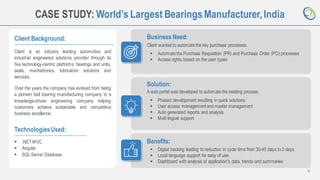 9
CASE STUDY: World’s Largest BearingsManufacturer,India
Client Background:
Client is an industry leading automotive and
industrial engineered solutions provider through its
five technology-centric platforms: bearings and units,
seals, mechatronics, lubrication solutions and
services.
Over the years the company has evolved from being
a pioneer ball bearing manufacturing company to a
knowledge-driven engineering company helping
customers achieve sustainable and competitive
business excellence.
Business Need:
Client wanted to automatethe key purchase processes.
TechnologiesUsed:
▪ .NET MVC
▪ Angular
▪ SQL Server Database
Solution:
A webportal was developed to automatethe existing process.
Benefits:
▪ Digital tracking leading to reduction in cycle time from 30-40 days to 3 days
▪ Local language support for easy of use
▪ Dashboard with analysis of application’s data, trends and summaries
▪ Automatethe Purchase Requisition (PR) and Purchase Order (PO) processes
▪ Access rights based on the user types
▪ Phased development resulting in quick solutions
▪ User access management and master management
▪ Auto generated reports and analysis
▪ Multi lingual support
 