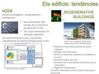 NZEB
eficiència energètica + autoproducció +
coneixement
Els edificis: tendències
 No consumeixen més
energia de la xarxa de la
que generen in-situ
 Tot i estar connectats a la
xarxa per a garantia
de subministrament o per a maximitzar
l’aprofitament de l’electricitat generada in-situ.
Sostenen la salut dels ecosistemes locals i
regionals
Netegen l’aire del voltant
Generen electricitat i exporten els excedents a
la xarxa
Retornen l’aigua més neta
Serveixen per a la producció d’aliments i per al
networking
Regeneren biodiversitat
Els edificis interactuen amb el sistema natural que
els envolta
Font: “How to Design a Building that
Restores the Earth”. By Katie Hyslop
REGENERATIVE
BUILDINGS
 