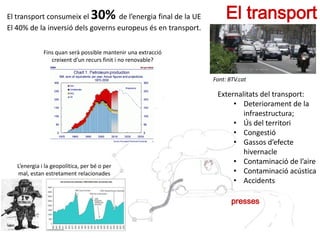 El transport
Font: BTV.cat
El transport consumeix el 30% de l’energia final de la UE
El 40% de la inversió dels governs europeus és en transport.
Fins quan serà possible mantenir una extracció
creixent d’un recurs finit i no renovable?
L’energia i la geopolítica, per bé o per
mal, estan estretament relacionades
Externalitats del transport:
• Deteriorament de la
infraestructura;
• Ús del territori
• Congestió
• Gassos d’efecte
hivernacle
• Contaminació de l’aire
• Contaminació acústica
• Accidents
presses
 