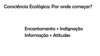 Consciência Ecológica: Por onde começar?
Encantamento + Indignação
Informação + Atitudes
 