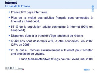 Internet Le cas de la France France 6 ème  pays internaute Plus de la moitié des adultes français sont connectés à Internet en haut débit.  53 % de la population adulte connectée à Internet (92% en haut débit) Disparités dues à la tranche d’âge tendent à se réduire 60-69 ans sont désormais 40% à être connectés  en 2007 (27% en 2006) 23 % ont eu recours exclusivement à Internet pour acheter une prestation de voyage.  Etude Médiamétrie/NetRatings pour la Fevad, mai 2008 