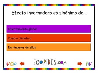 Efecto invernadero es sinónimo de...


Calentamiento global


Cambio climático


De ningunos de ellos
 