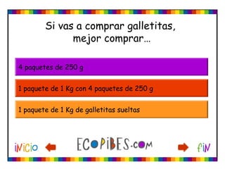 Si vas a comprar galletitas,
mejor comprar…
4 paquetes de 250 g
1 paquete de 1 Kg con 4 paquetes de 250 g
1 paquete de 1 Kg de galletitas sueltas
 