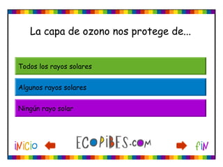 La capa de ozono nos protege de...
Todos los rayos solares
Algunos rayos solares
Ningún rayo solar
 