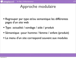 In-Site » Arborescence                   177


                           Approche modulaire

        • Regrouper par type et/ou semantique les différentes
              pages d’un site web
        • Type : actualité / sondage / aide / produit
        • Sémantique : pour homme / femme / enfant (produit)
        • Le menu d’un site correspond souvent aux modules



mardi 29 janvier 13
 