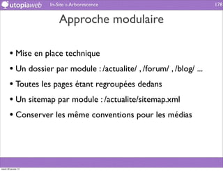 In-Site » Arborescence                           178


                          Approche modulaire

        • Mise en place technique
        • Un dossier par module : /actualite/ , /forum/ , /blog/ ...
        • Toutes les pages étant regroupées dedans
        • Un sitemap par module : /actualite/sitemap.xml
        • Conserver les même conventions pour les médias



mardi 29 janvier 13
 