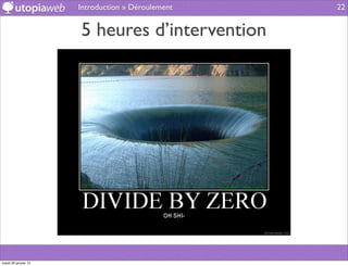 Introduction » Déroulement   22


                      5 heures d’intervention




mardi 29 janvier 13
 