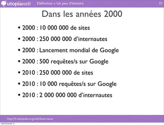 Déﬁnition » Un peu d’histoire   31


                                     Dans les années 2000
                      • 2000 : 10 000 000 de sites
                      • 2000 : 250 000 000 d’internautes
                      • 2000 : Lancement mondial de Google
                      • 2000 : 500 requêtes/s sur Google
                      • 2010 : 250 000 000 de sites
                      • 2010 : 10 000 requêtes/s sur Google
                      • 2010 : 2 000 000 000 d’internautes

        http://fr.wikipedia.org/wiki/Internaute
mardi 29 janvier 13
 