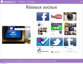 Off-Site » Link Ninja                                       316


                                         Réseaux sociaux




        http://www.seomoz.org/blog/social-media-marketing-facebook-twitter-arent-enough
mardi 29 janvier 13
 