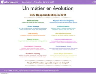 Conclusion » Travailler dans le SEO                  384


                                Un métier en évolution




        http://www.seomoz.org/blog/the-responsibilities-of-seo-have-been-upgraded
mardi 29 janvier 13
 
